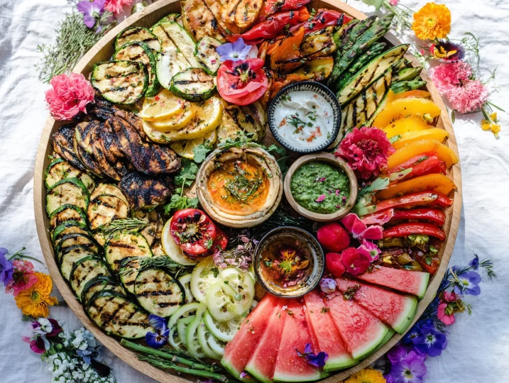 grilled vegetable charcuterie board with hummus dips and watermelon slices