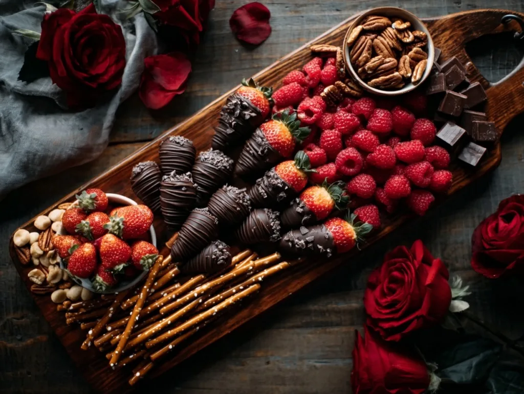 chocolate-covered strawberry dessert charcuterie board with raspberries and pretzels