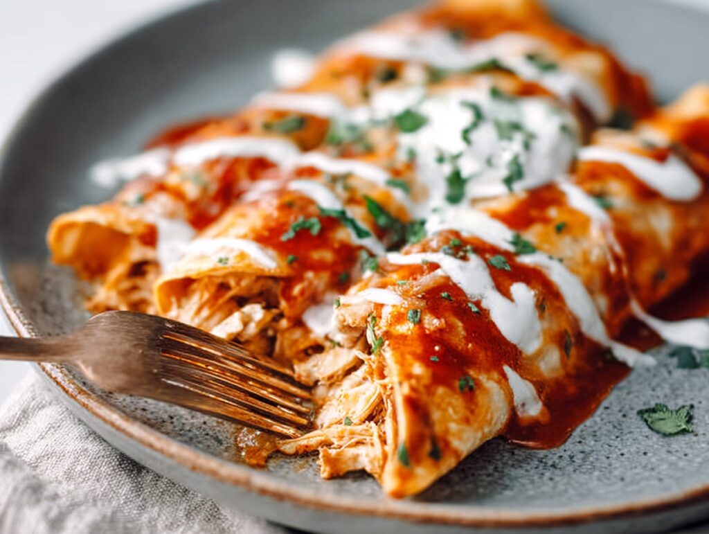 chicken enchiladas with red sauce and sour cream drizzle