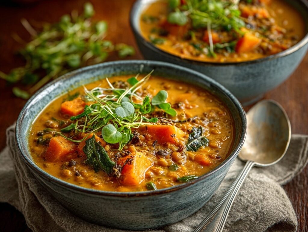 Hearty high-protein lLentil & Sweet Potato Stew in rustic bowl