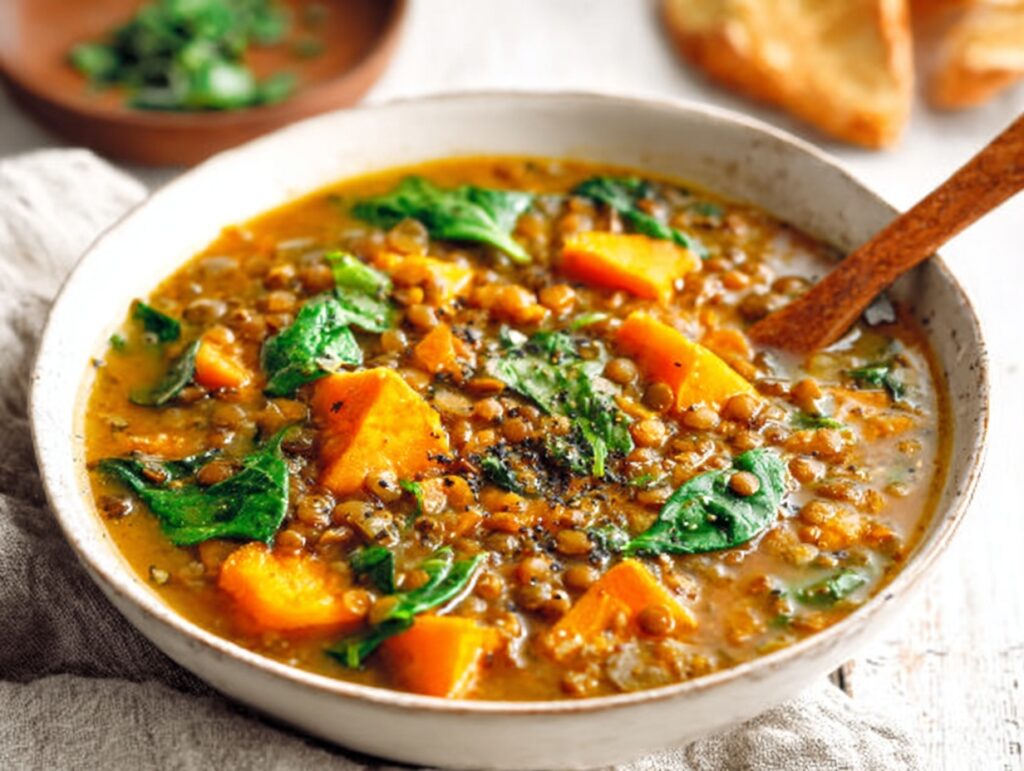High-protein lentil and sweet potato stew with spinach in white bowl
