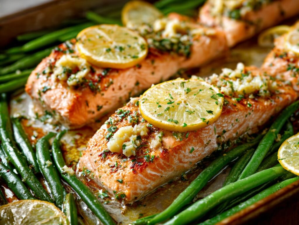 baked salmon with garlic greens and lemon slices on tray
