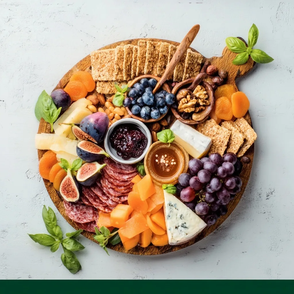 Colorful charcuterie board with fruit, cheese, and salami on wooden platter