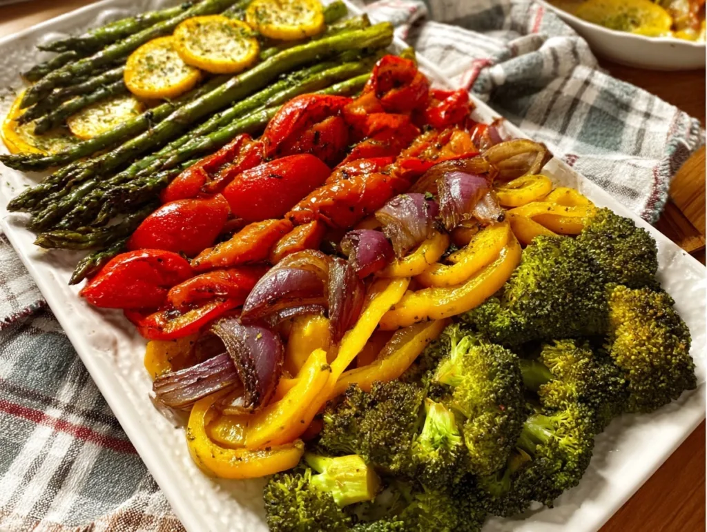 roasted vegetable platter with asparagus, peppers, onions, and broccoli