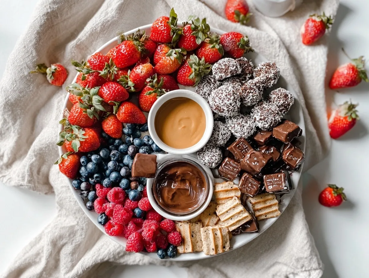 sweet and savory dessert charcuterie board with berries, chocolate, and peanut butter dip