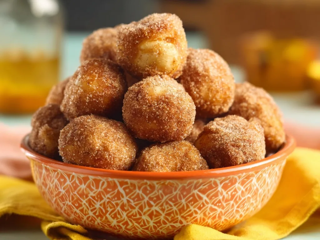 5-Ingredient High-Protein Banana Donut Holes 2 bowl of high protein banana donut holes coated in cinnamon sugar