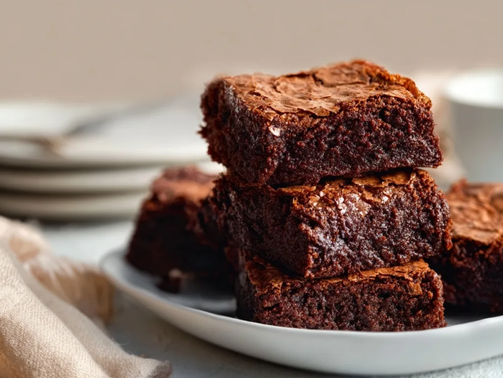 Stack of fudgy sweet potato protein brownies on a white plate