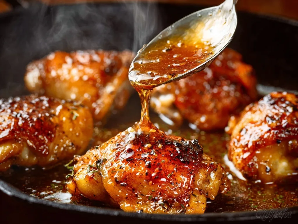 close-up honey garlic chicken thighs glazed with sauce in skillet