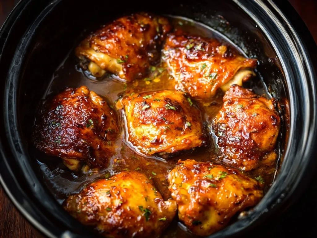 honey garlic chicken thighs cooking in slow cooker with glossy glaze