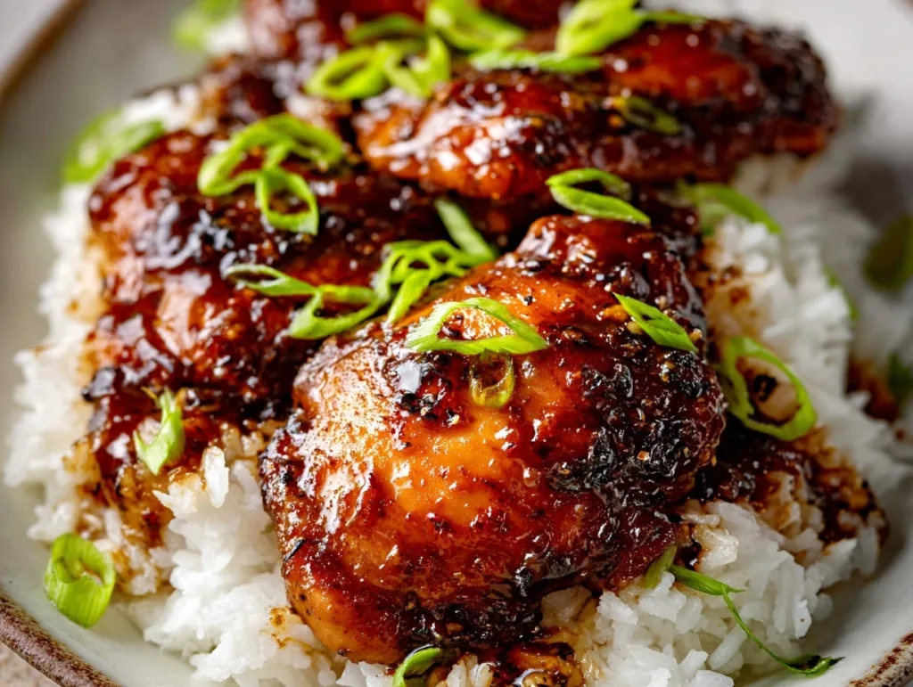 honey garlic chicken thighs served on white rice with green onions