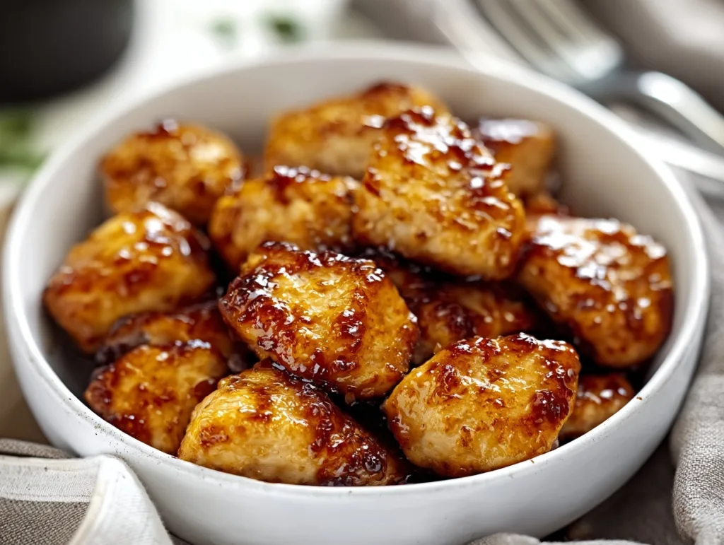 sticky honey garlic chicken bites in a white bowl