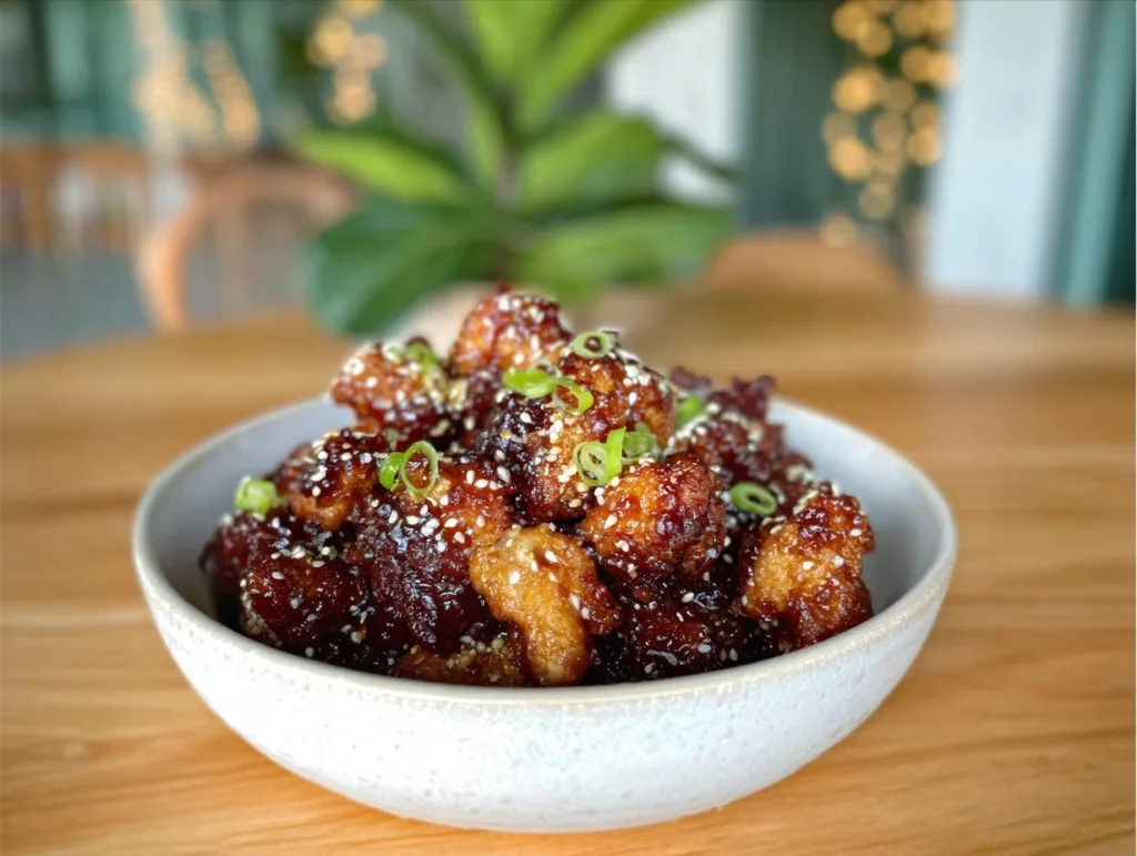 honey garlic chicken bites in bowl with sesame and green onions