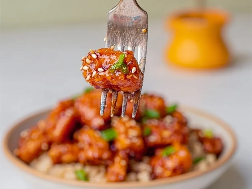 honey garlic chicken bite on fork with sesame seeds