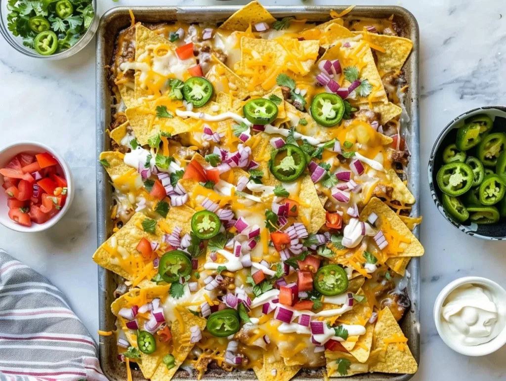 Lazy Sheet Pan Nachos (Family Dinner in 20 Minutes) 4 Overhead view of lazy sheet pan nachos with melted cheese and jalapeños