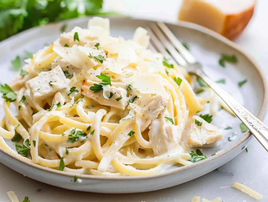 Creamy one-pot chicken Alfredo pasta topped with Parmesan and fresh parsley