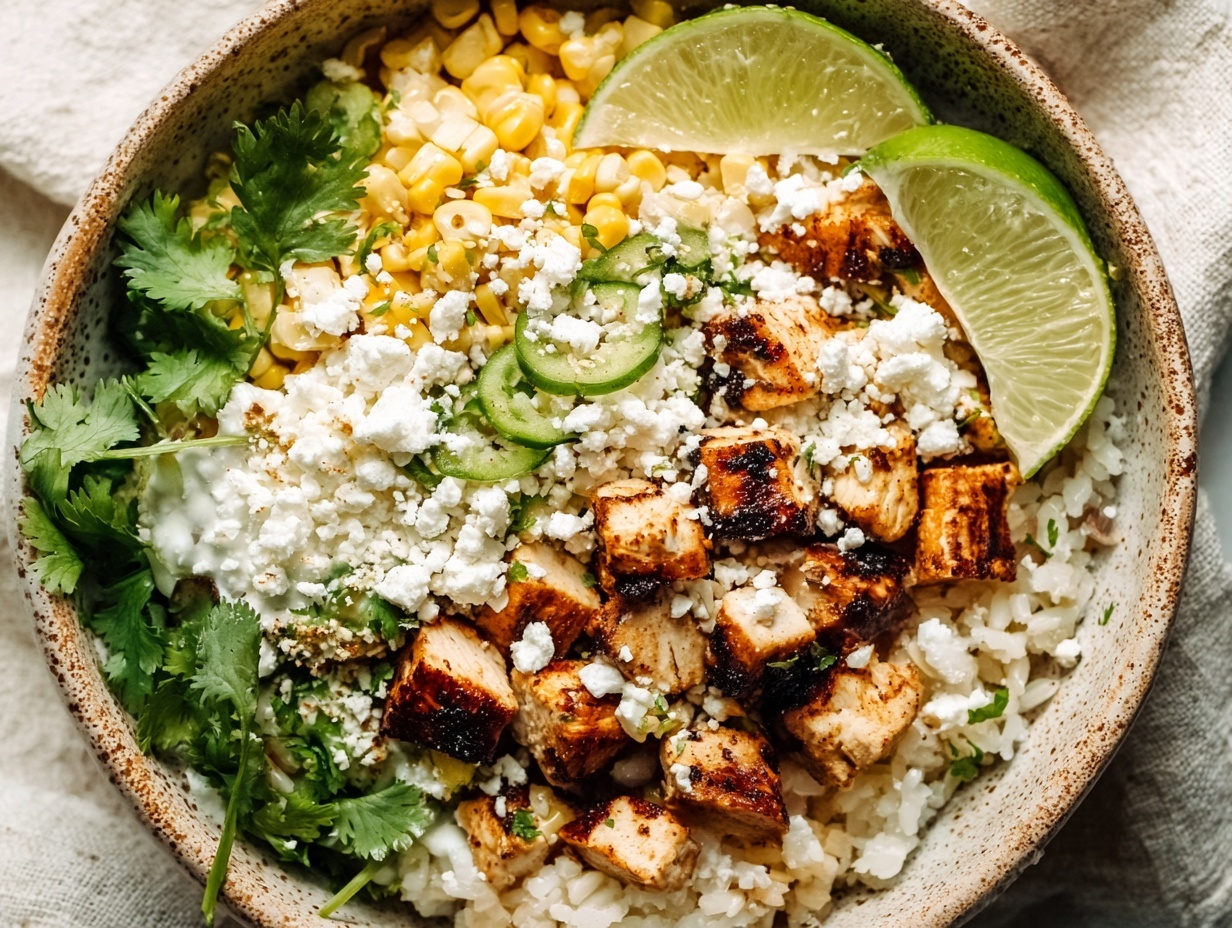 30-Minute Street Corn Chicken Rice Bowl 5 Street corn chicken rice bowl with cotija cheese and lime wedges