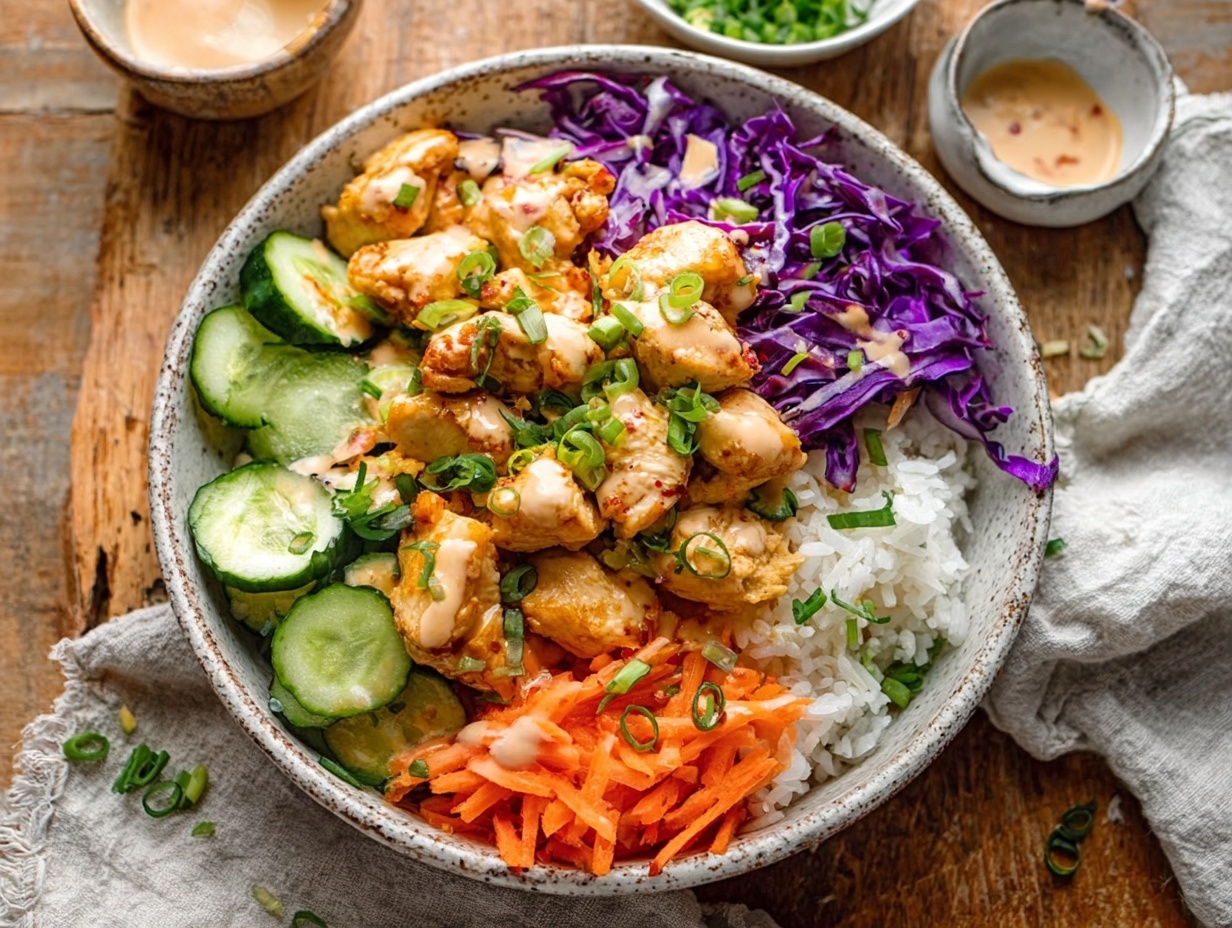 5-Step Bang Bang Chicken Bowl Recipe (High-Protein Meal Prep) 1 Overhead Bang Bang Chicken Bowl with rice, cucumber, carrots, and spicy sauce
