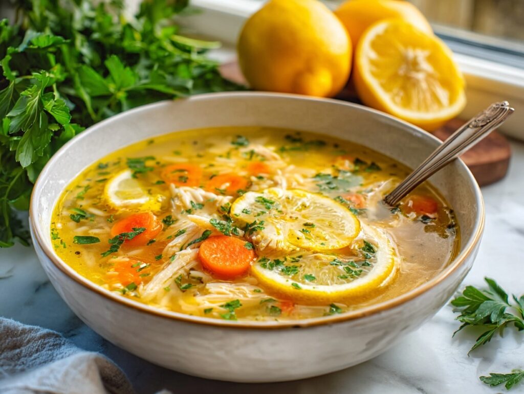 chicken lemon orzo soup with fresh parsley and lemon slices in a white bowl