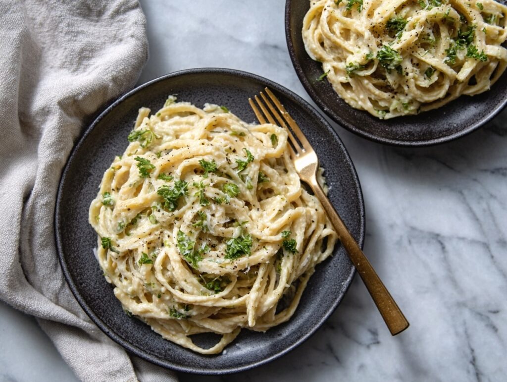 creamy cauliflower alfredo pasta served on dark plates with parsley