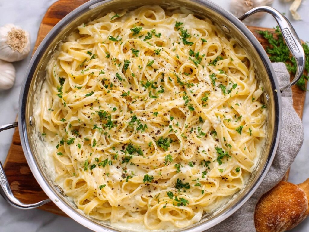 creamy cauliflower alfredo pasta in a skillet topped with parsley and pepper