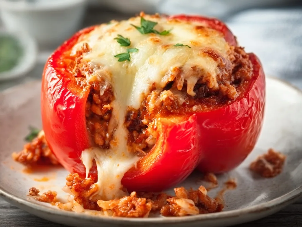 5-Ingredient Turkey & Veggie Stuffed Peppers (High-Protein Dinner in 30 Minutes) 2 close-up of Turkey & Veggie Stuffed Peppers with melted cheese