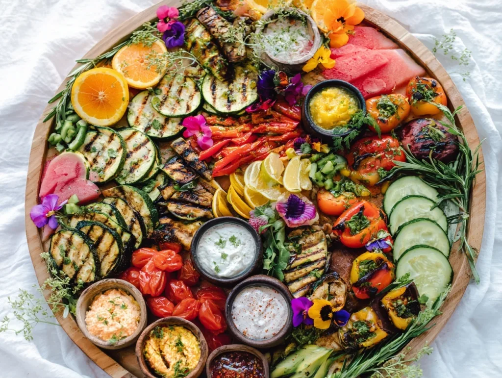 colorful vegetarian charcuterie board with roasted veggies and dips