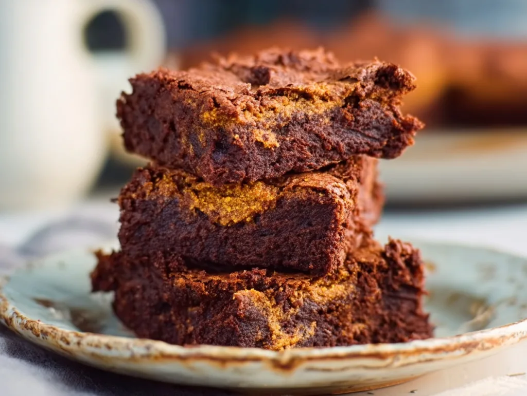 Stack of marbled sweet potato protein brownies on rustic plate