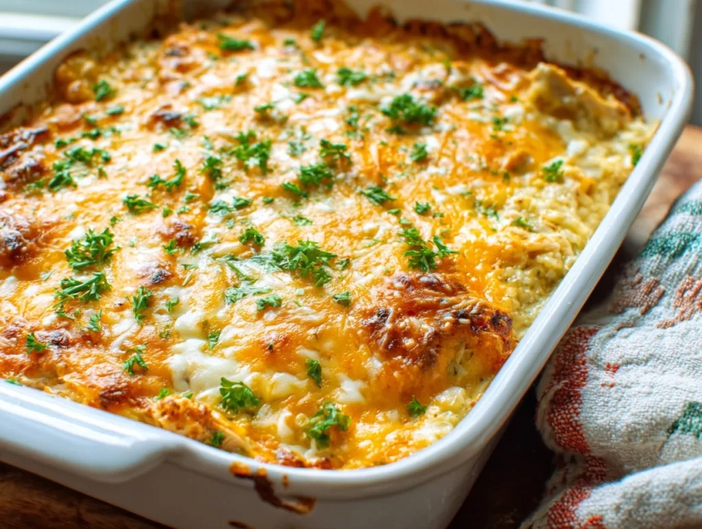 3-Ingredient Cheesy Chicken Rice Bake (Creamy & Budget-Friendly!) 2 Baked cheesy chicken rice casserole with melted cheese and parsley in a white dish