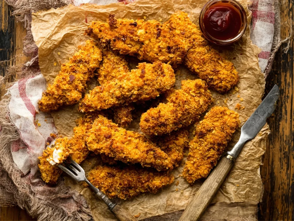 Crispy Baked Chicken Tenders – Just 5 Ingredients & 25 Minutes! 3 Crispy baked chicken tenders on parchment paper with ketchup dip
