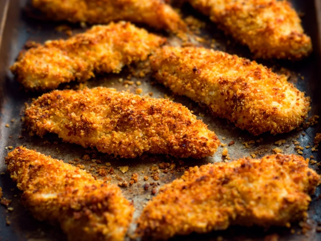 Crispy Baked Chicken Tenders – Just 5 Ingredients & 25 Minutes! 4 Crispy baked chicken tenders on a dark baking tray