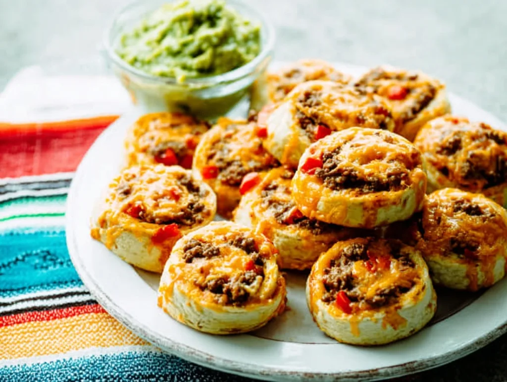 Easy Taco Pinwheels (High-Protein Party Snack) 3 easy taco pinwheels with melted cheese and guacamole
