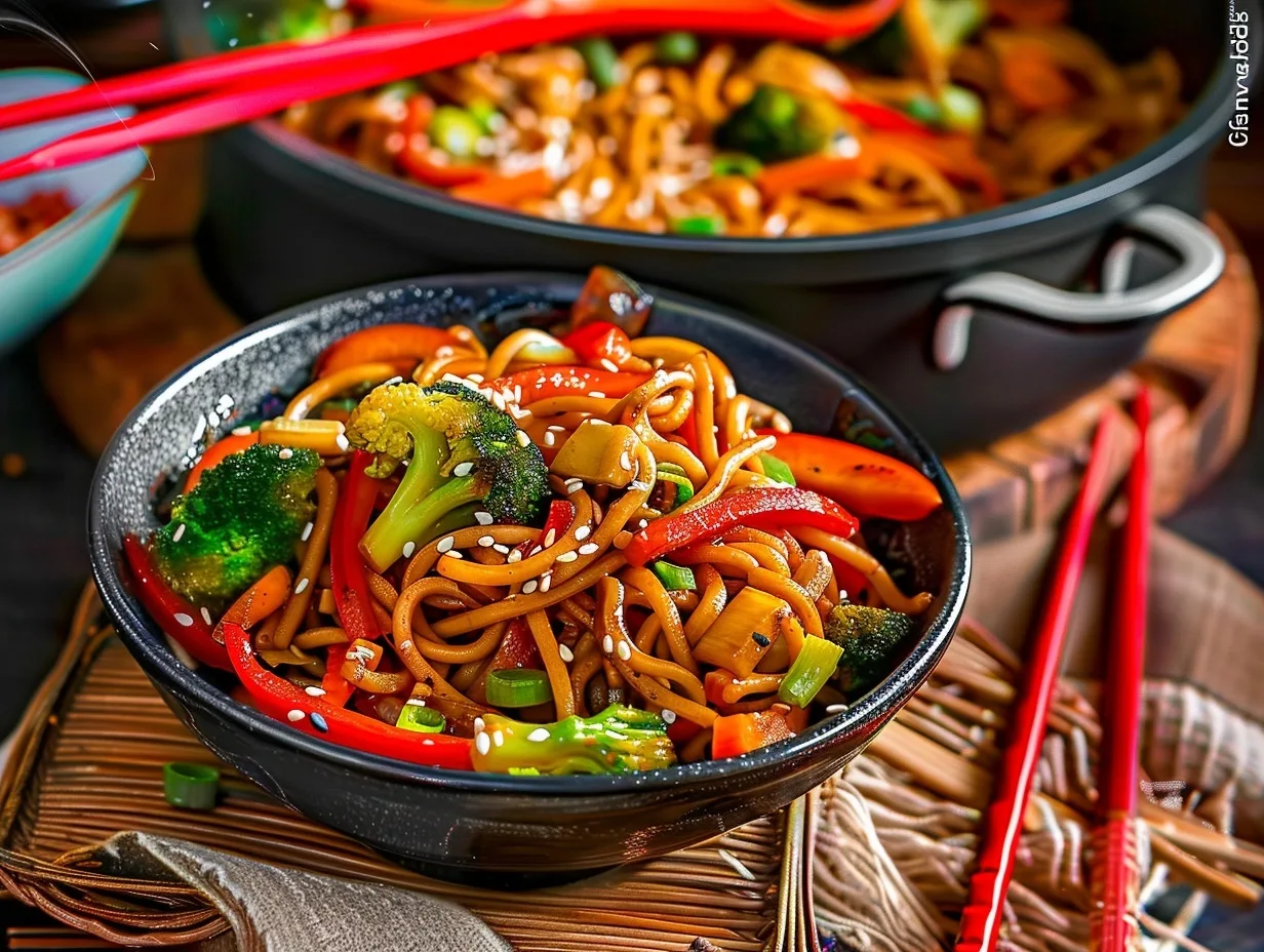 Teriyaki noodles with veggies in a black bowl topped with sesame seeds