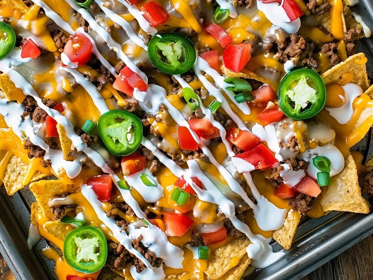 Lazy Sheet Pan Nachos (Family Dinner in 20 Minutes) 1 Overhead tray of lazy sheet pan nachos topped with cheese, jalapeños, and tomatoes