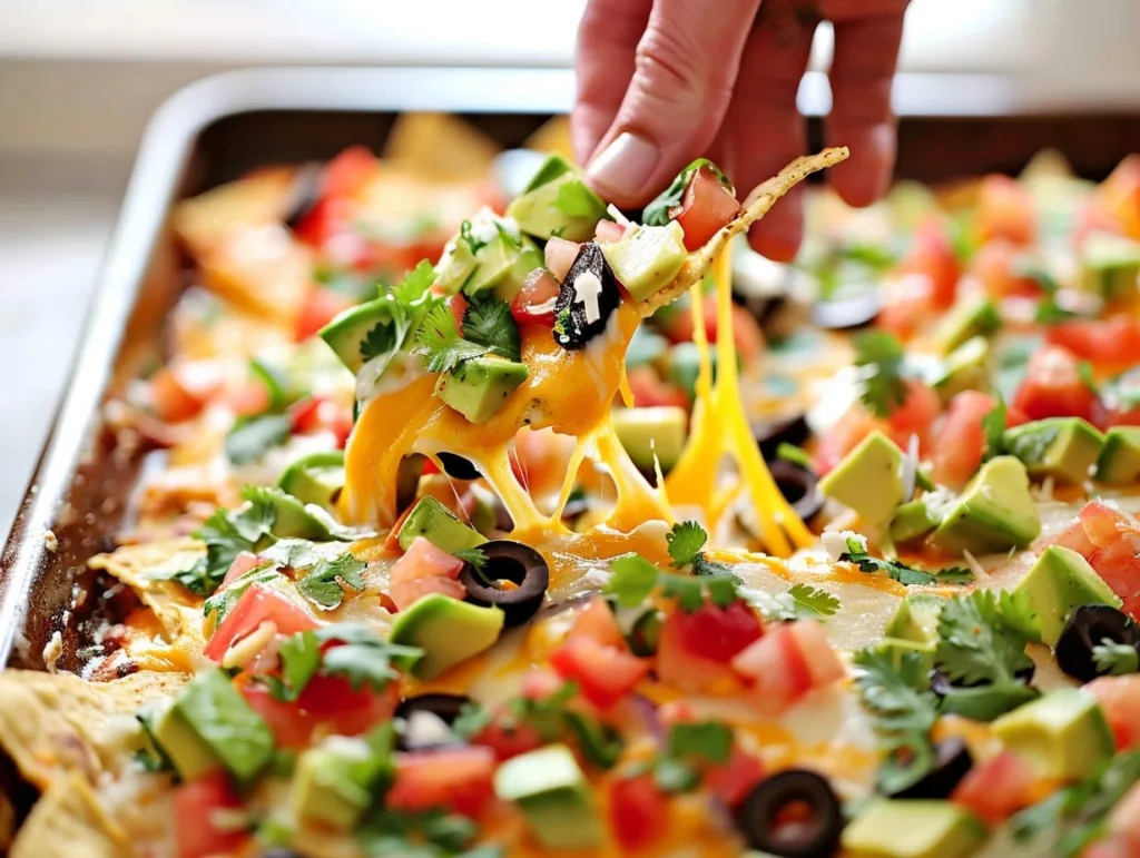 Lazy Sheet Pan Nachos (Family Dinner in 20 Minutes) 3 Hand pulling cheesy lazy sheet pan nachos with avocado and tomato toppings