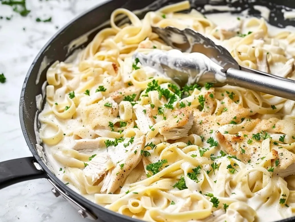 Creamy one-pot chicken Alfredo pasta with Parmesan sauce and parsley garnish