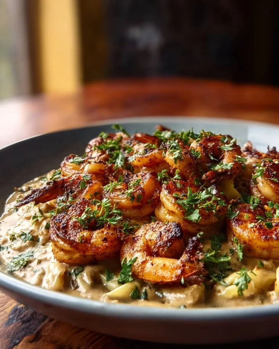 Delicious blackened shrimp stroganoff served on a plate with creamy sauce.