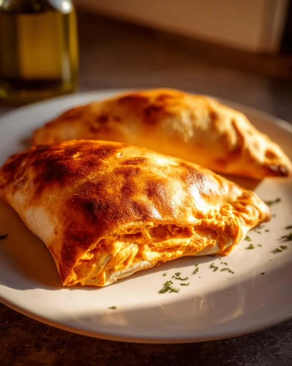 Delicious Buffalo Chicken Calzone served on a rustic wooden table.