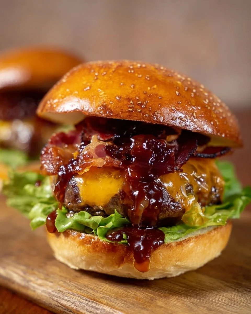 Comforting Maple Bourbon BBQ Burger with sweet caramelized onions and bacon