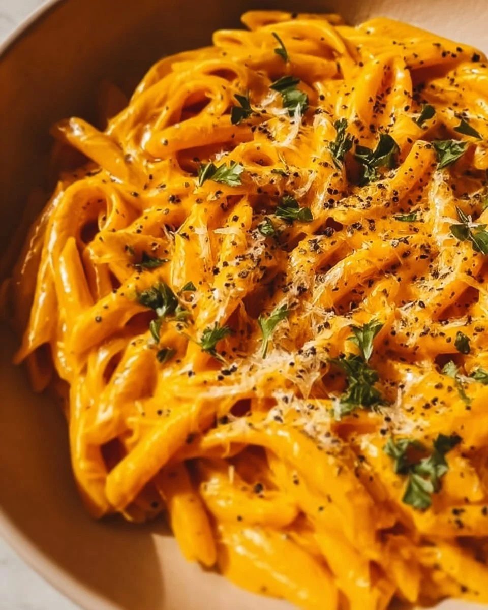 Cozy Homemade Pumpkin Pasta Sauce 2 Cozy homemade pumpkin pasta sauce in a bowl garnished with herbs