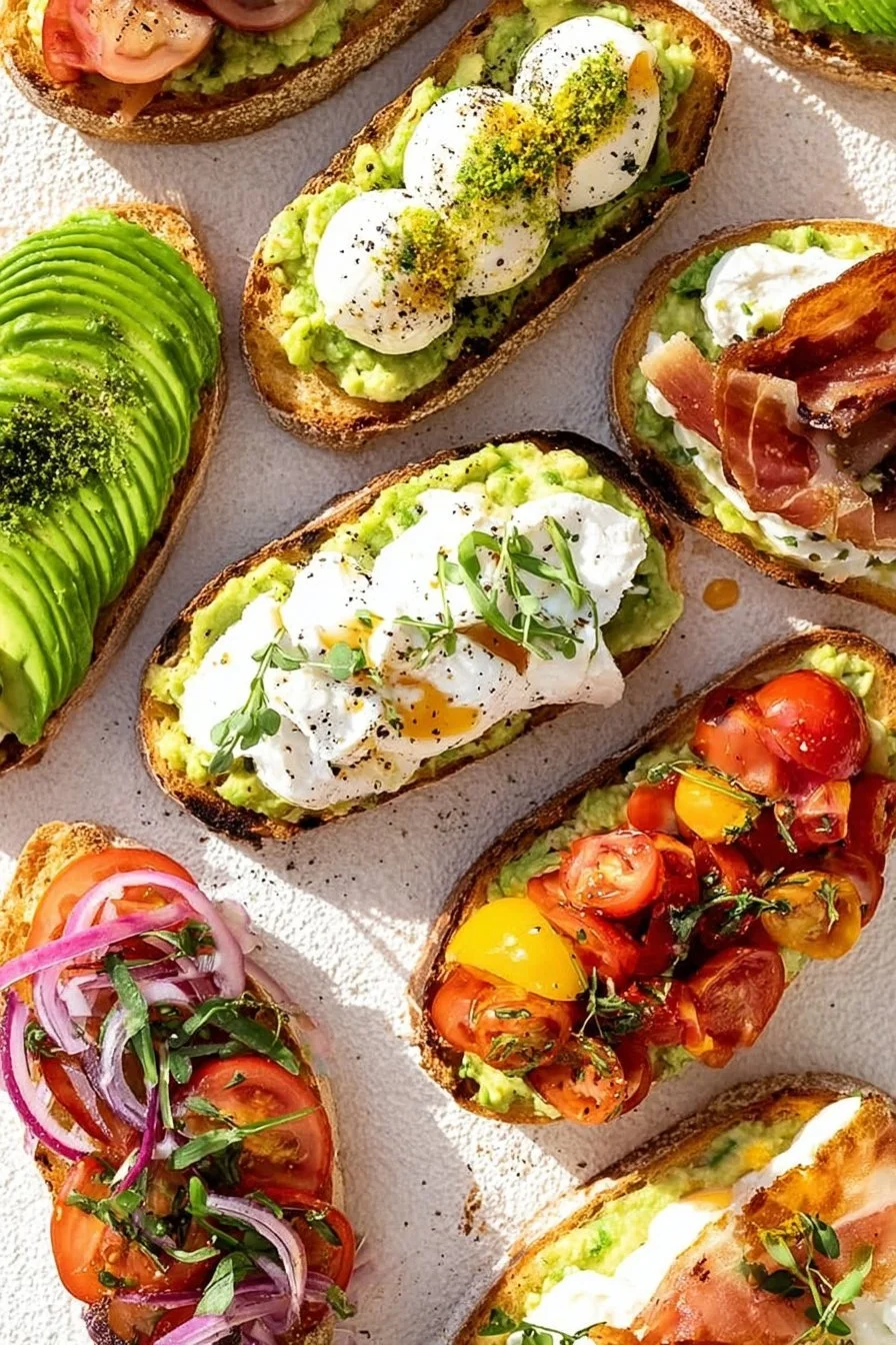 Sliced avocado toast topped with herbs and spices on a wooden board