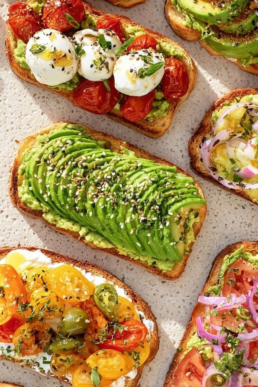Delicious avocado toast topped with cherry tomatoes and radishes