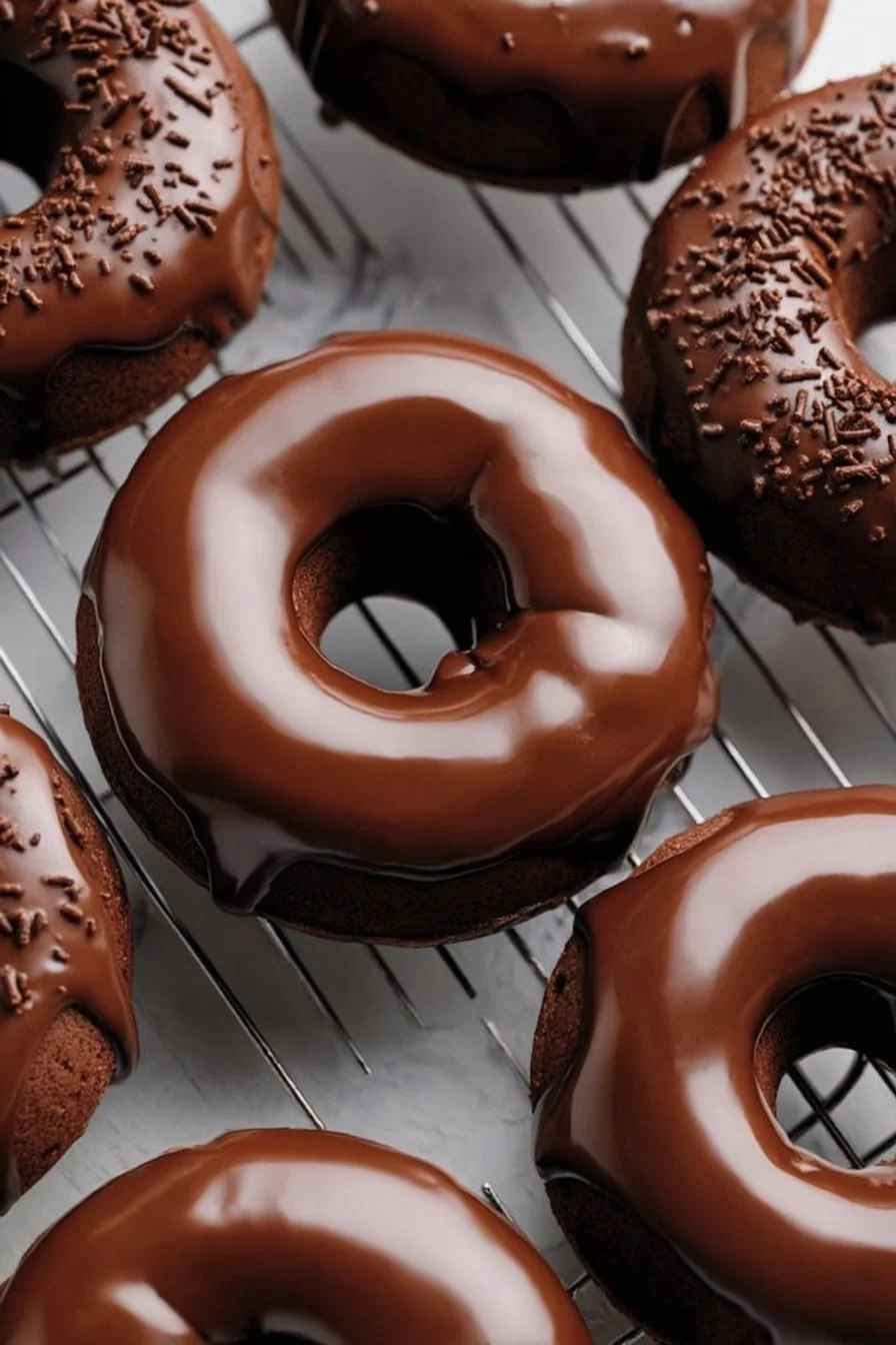 Baked chocolate protein donuts decorated with chocolate glaze and sprinkles