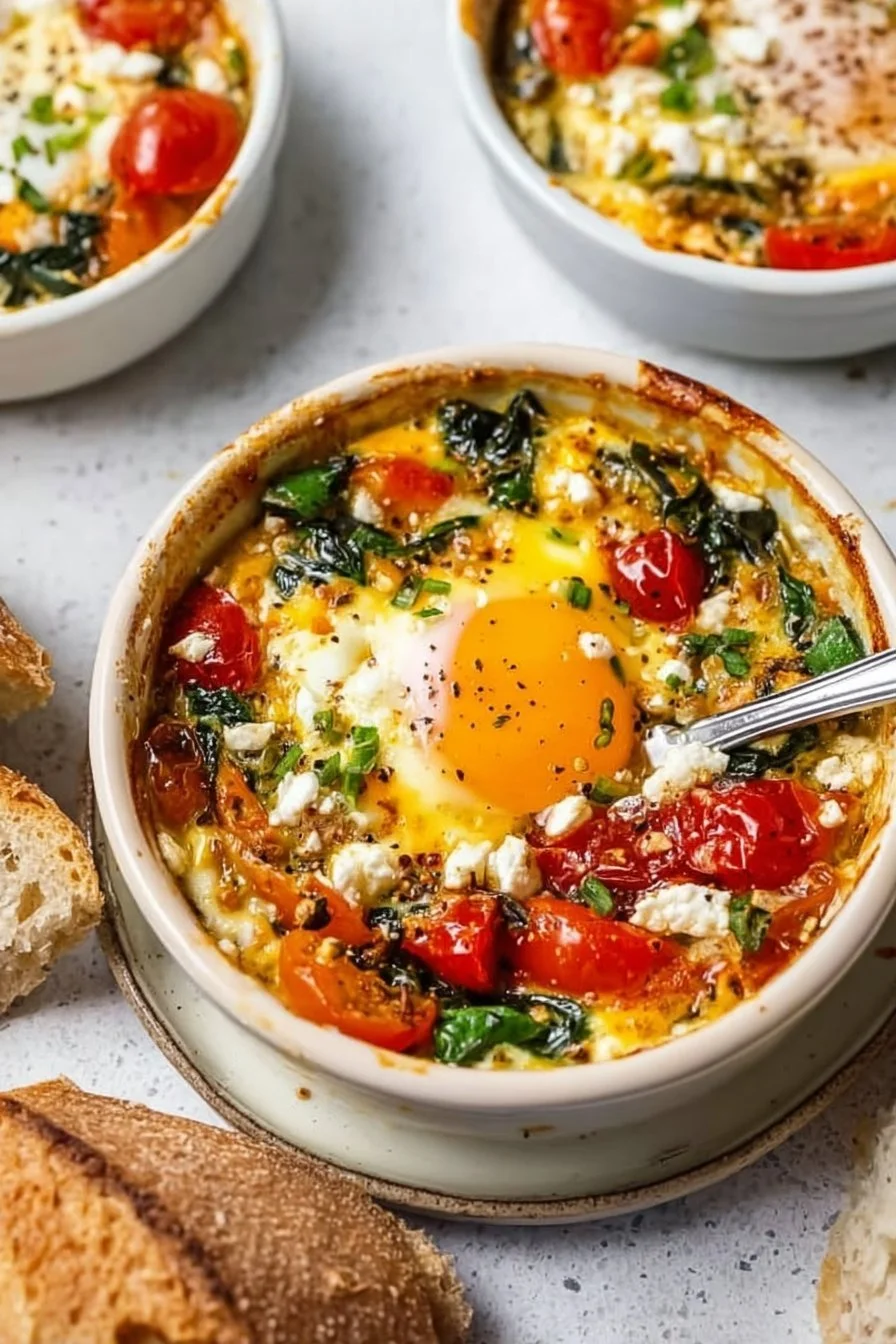 Baked Feta Eggs with Tomatoes and Spinach 5 Delicious baked feta eggs with tomatoes and spinach dish for a healthy breakfast.