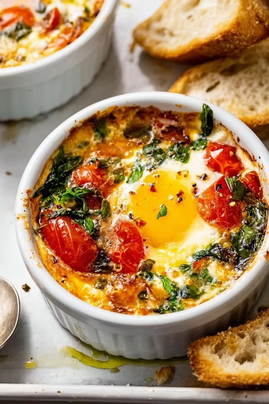 Baked feta eggs with tomatoes and spinach in a serving dish