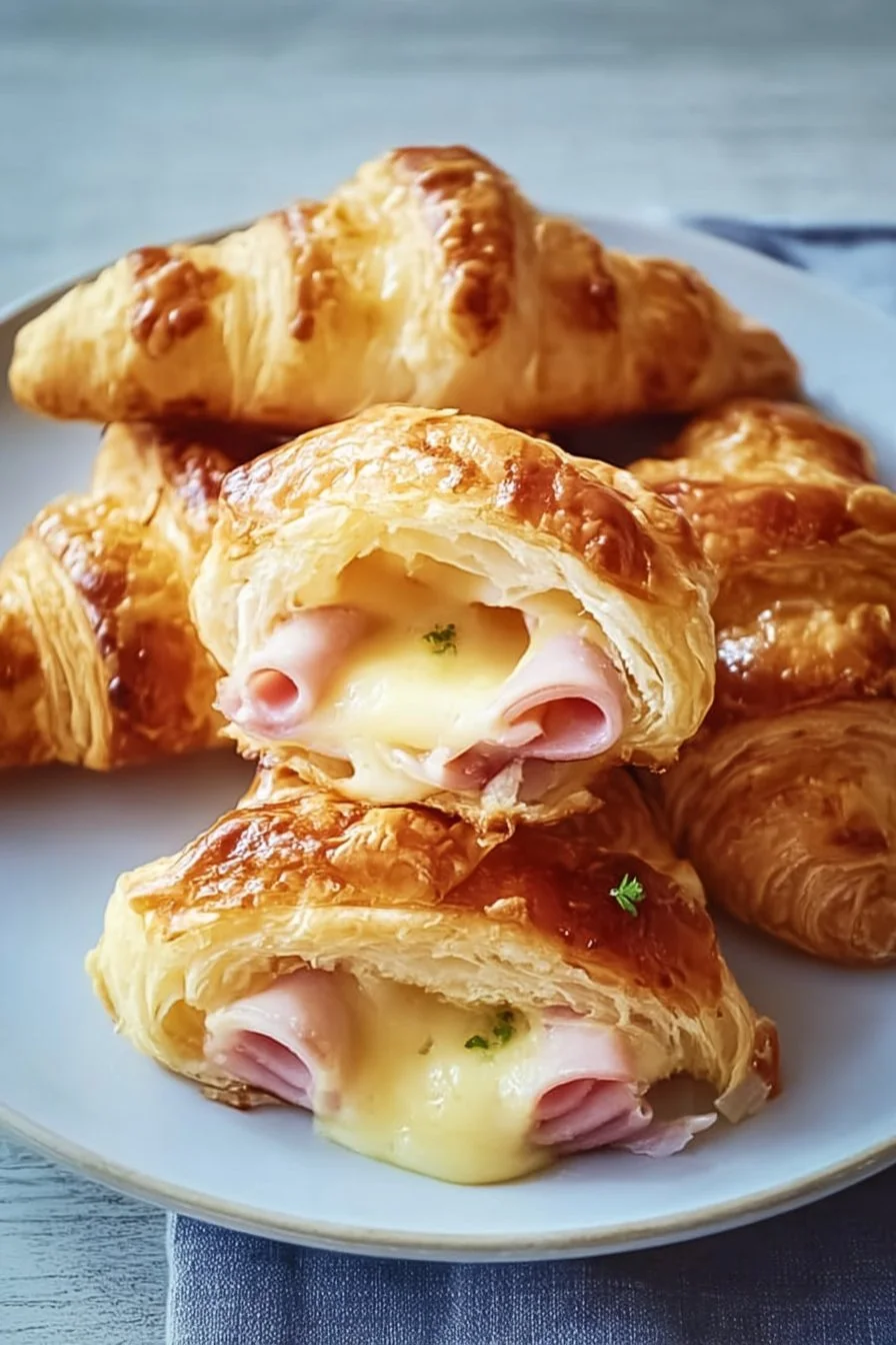 Freshly baked ham and cheese croissants on a wooden table