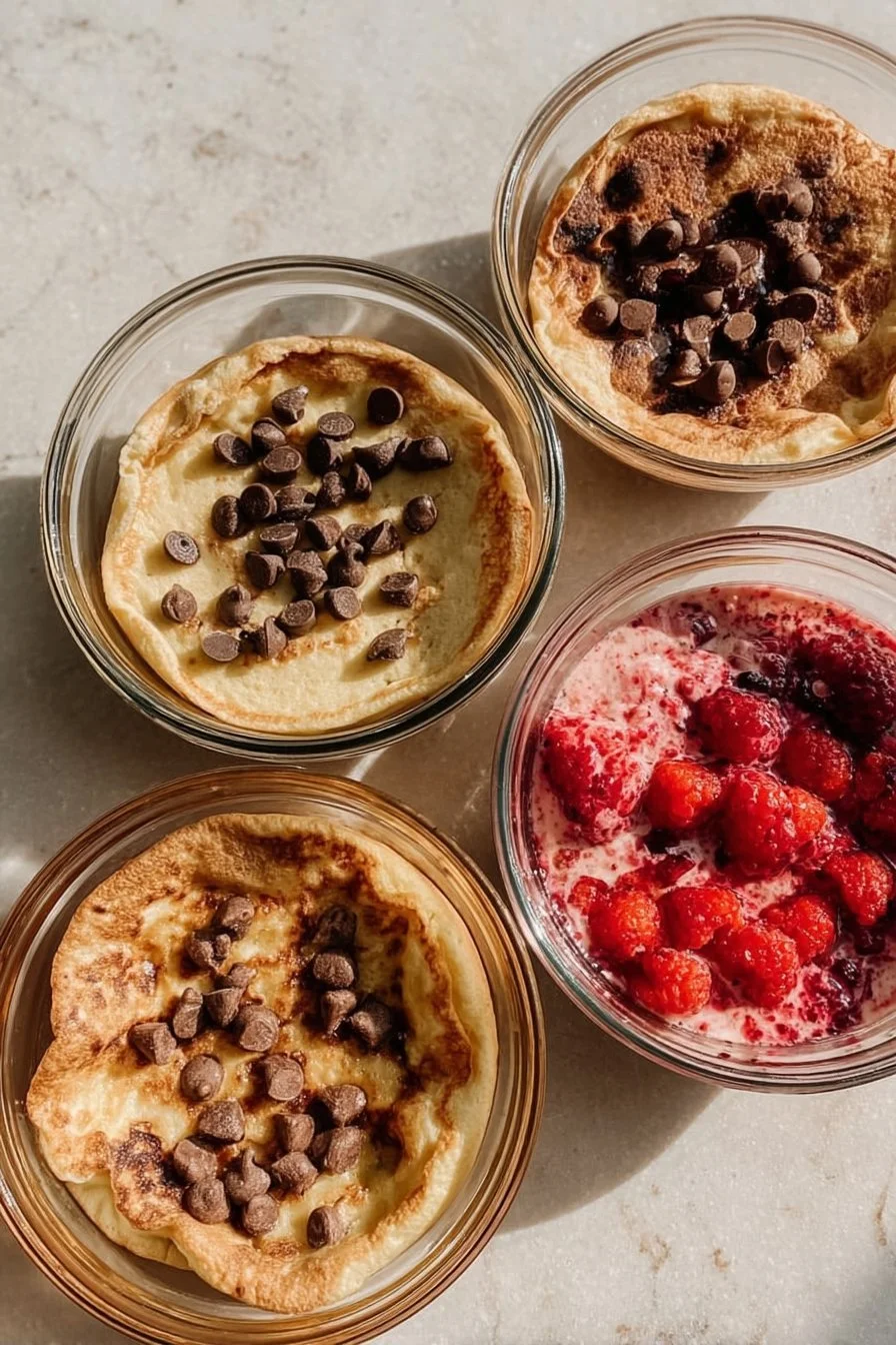 Baked protein pancake bowls topped with fresh fruit and nuts