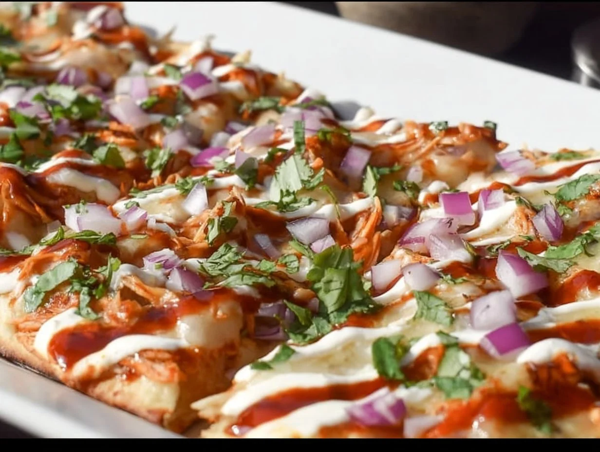 BBQ Chicken Flatbread topped with grilled chicken, barbecue sauce, and fresh veggies.