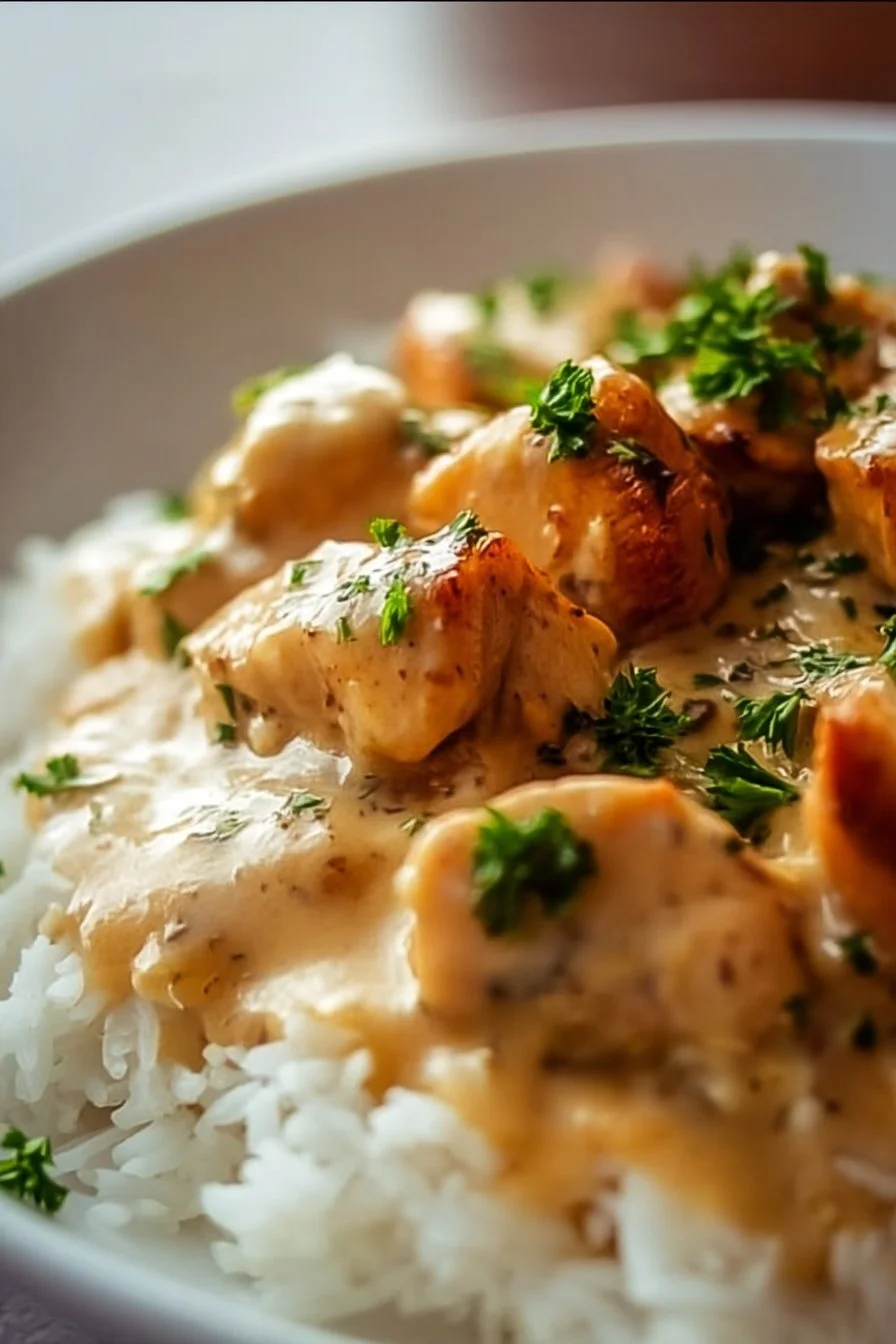 Delicious smothered chicken served with rice, showcasing a comforting meal.