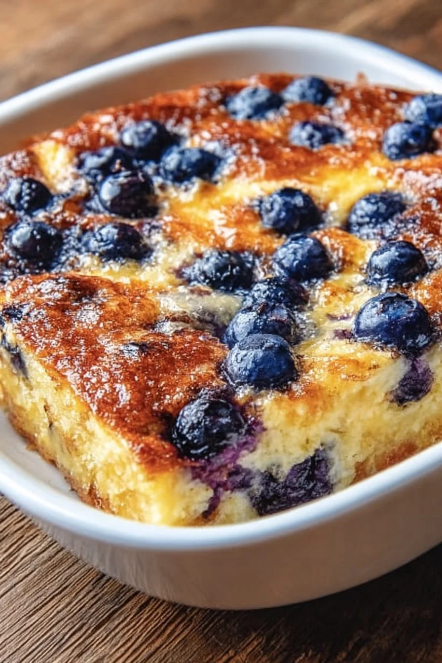 Blueberry Buttermilk Pancake Casserole 4 Blueberry buttermilk pancake casserole served in a baking dish
