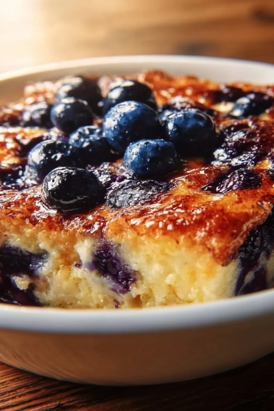 Delicious blueberry buttermilk pancake casserole served fresh from the oven.